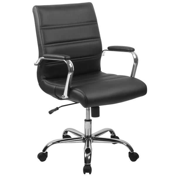 Black LeatherSoft/Chrome Frame |#| Mid-Back Black LeatherSoft Executive Swivel Office Chair with Chrome Frame/Arms