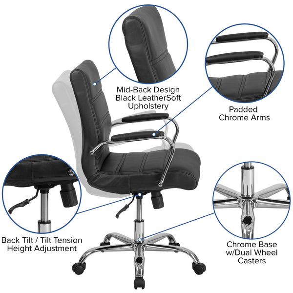 Black LeatherSoft/Chrome Frame |#| Mid-Back Black LeatherSoft Executive Swivel Office Chair with Chrome Frame/Arms