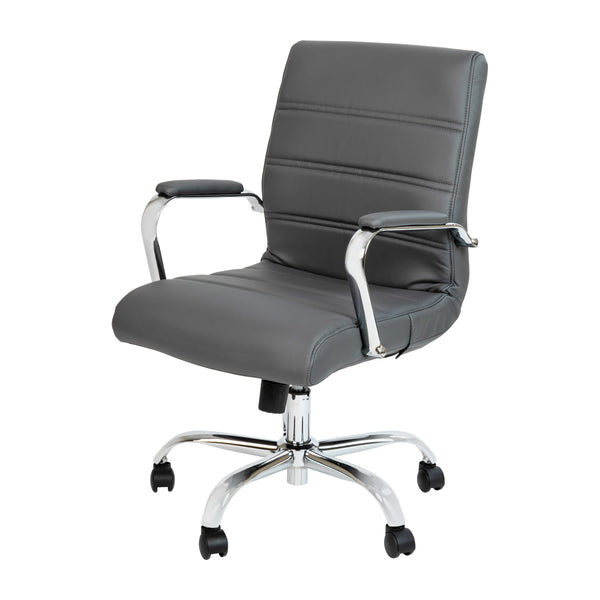 Gray LeatherSoft/Chrome Frame |#| Mid-Back Gray LeatherSoft Executive Swivel Office Chair with Chrome Frame/Arms