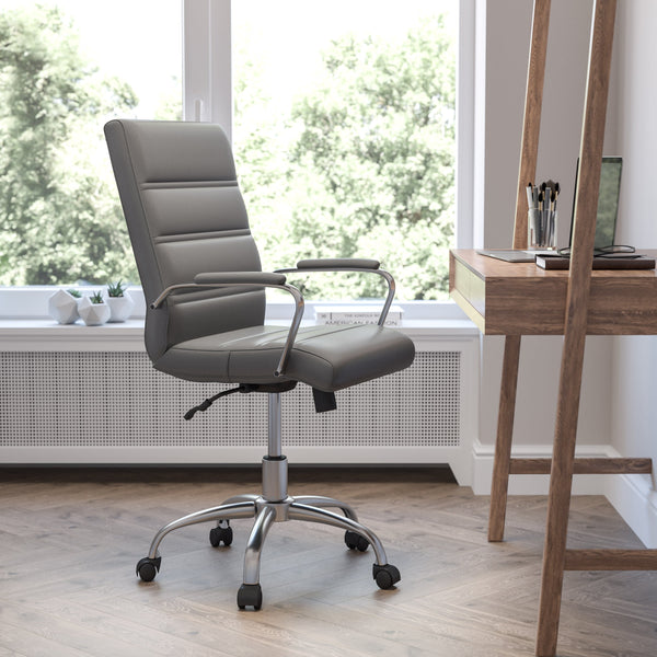 Gray LeatherSoft/Chrome Frame |#| Mid-Back Gray LeatherSoft Executive Swivel Office Chair with Chrome Frame/Arms