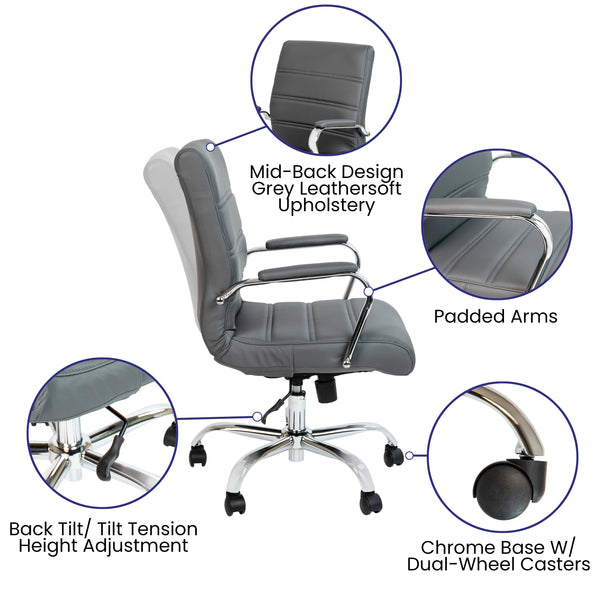 Gray LeatherSoft/Chrome Frame |#| Mid-Back Gray LeatherSoft Executive Swivel Office Chair with Chrome Frame/Arms