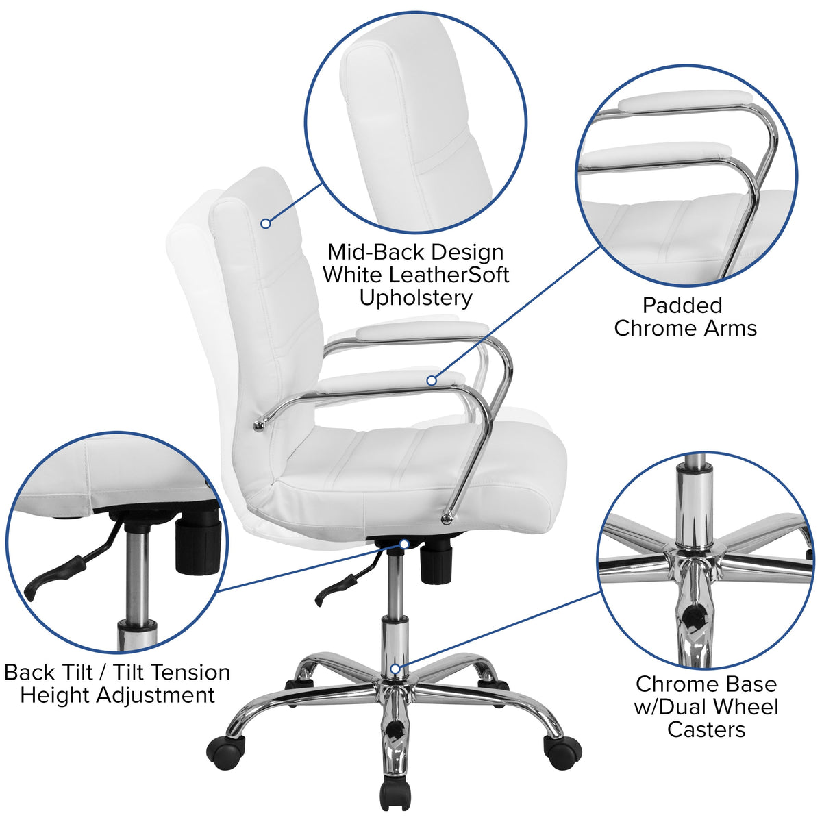 White LeatherSoft/Chrome Frame |#| Mid-Back White LeatherSoft Executive Swivel Office Chair with Chrome Frame/Arms