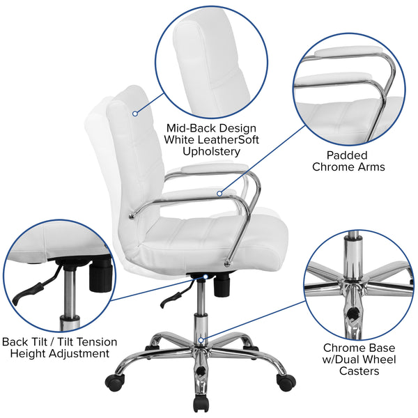 White LeatherSoft/Chrome Frame |#| Mid-Back White LeatherSoft Executive Swivel Office Chair with Chrome Frame/Arms