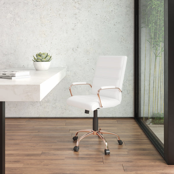 White LeatherSoft/Rose Gold Frame |#| Mid-Back White LeatherSoft Executive Swivel Office Chair - Rose Gold Frame/Arms