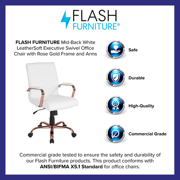 White LeatherSoft/Rose Gold Frame |#| Mid-Back White LeatherSoft Executive Swivel Office Chair - Rose Gold Frame/Arms