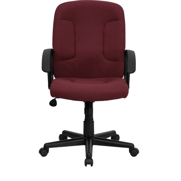 Burgundy |#| Mid-Back Burgundy Fabric Executive Swivel Office Chair with Nylon Arms