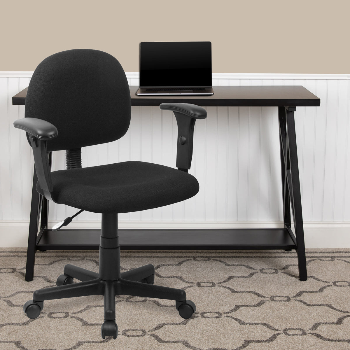 Black |#| Mid-Back Black Fabric Swivel Task Office Chair with Adjustable Height and Arms