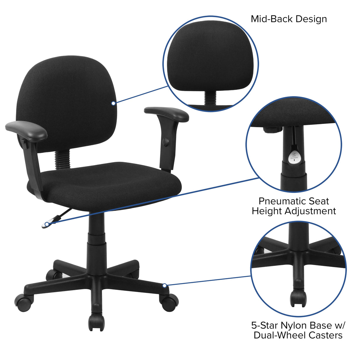 Black |#| Mid-Back Black Fabric Swivel Task Office Chair with Adjustable Height and Arms