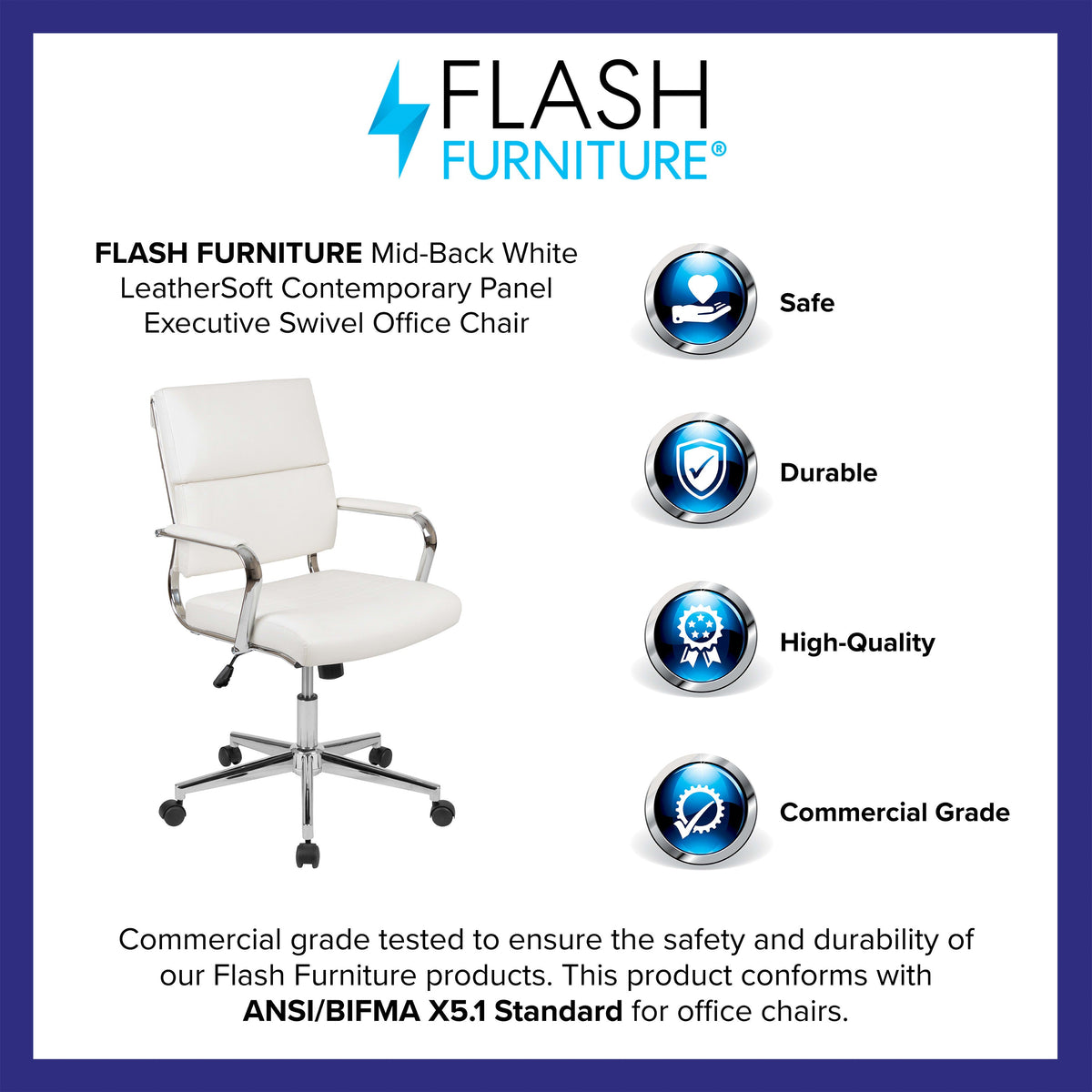White |#| Mid-Back White LeatherSoft Contemporary Panel Executive Swivel Office Chair