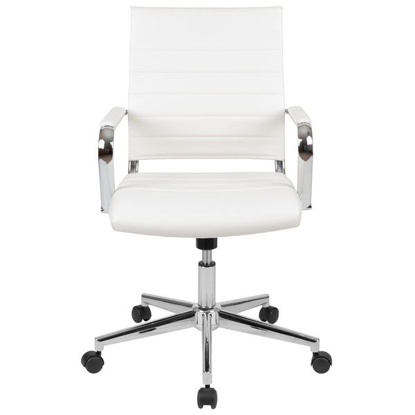 White |#| Mid-Back White LeatherSoft Ribbed Executive Swivel Office Chair - Desk Chair