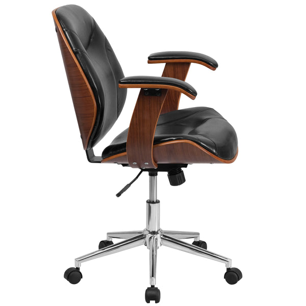 Mid-Back Black LeatherSoft Executive Ergonomic Wood Swivel Office Chair w/Arms