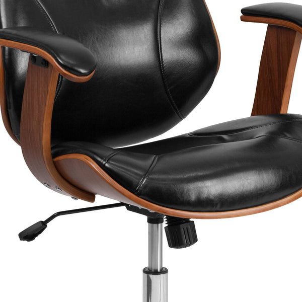 Mid-Back Black LeatherSoft Executive Ergonomic Wood Swivel Office Chair w/Arms