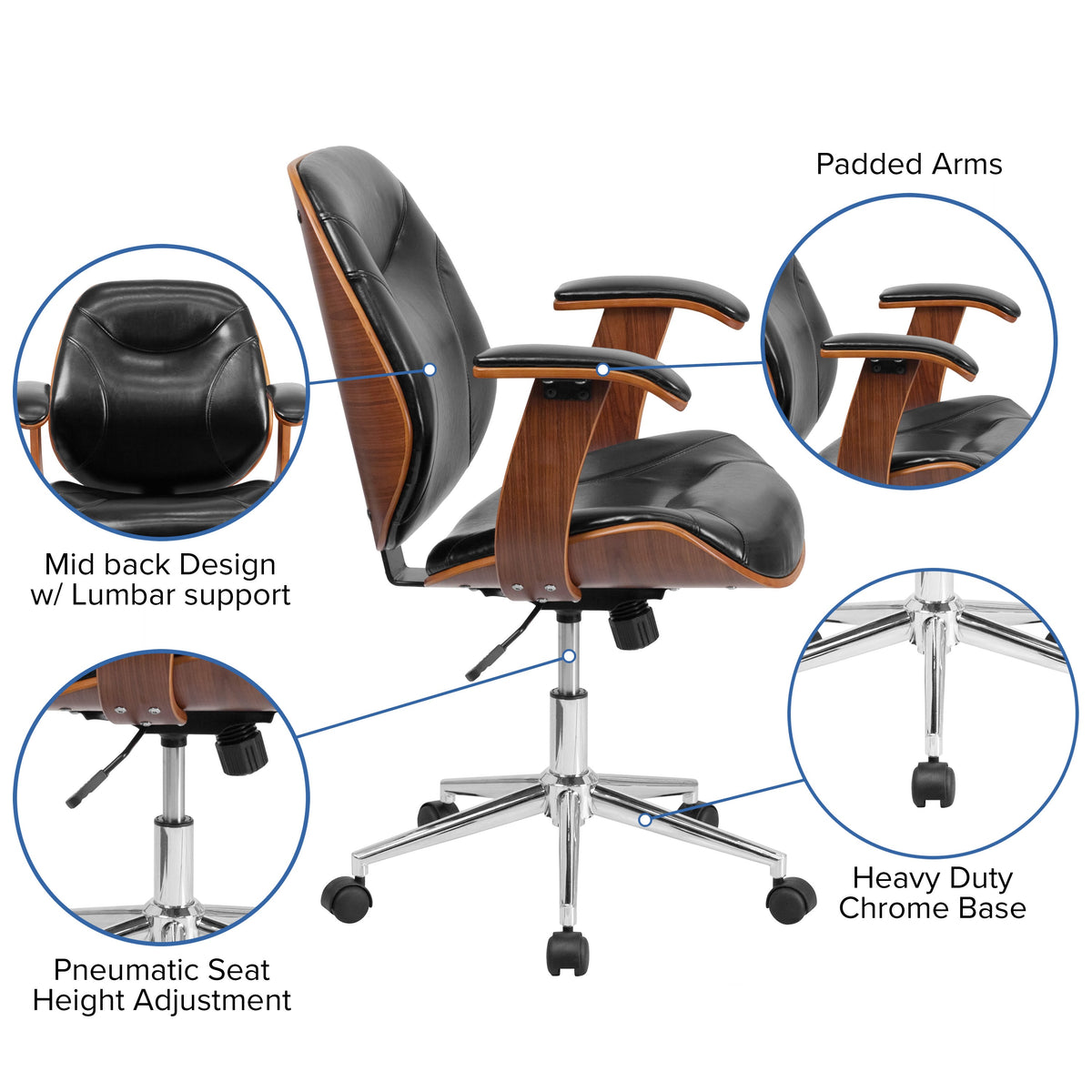 Mid-Back Black LeatherSoft Executive Ergonomic Wood Swivel Office Chair w/Arms