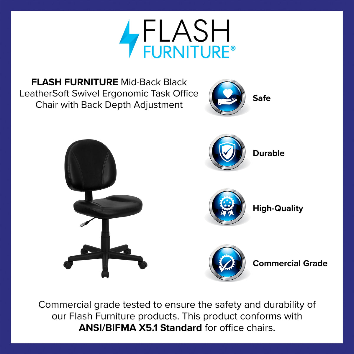Mid-Back Black LeatherSoft Ergonomic Office Chair w/Adjustable Back Depth