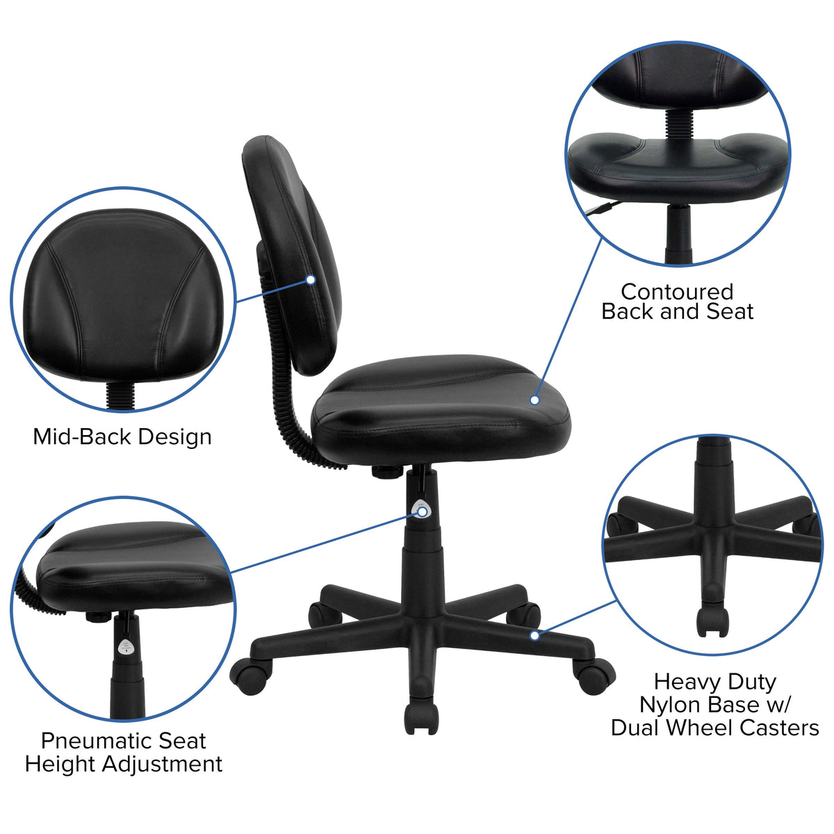 Mid-Back Black LeatherSoft Ergonomic Office Chair w/Adjustable Back Depth