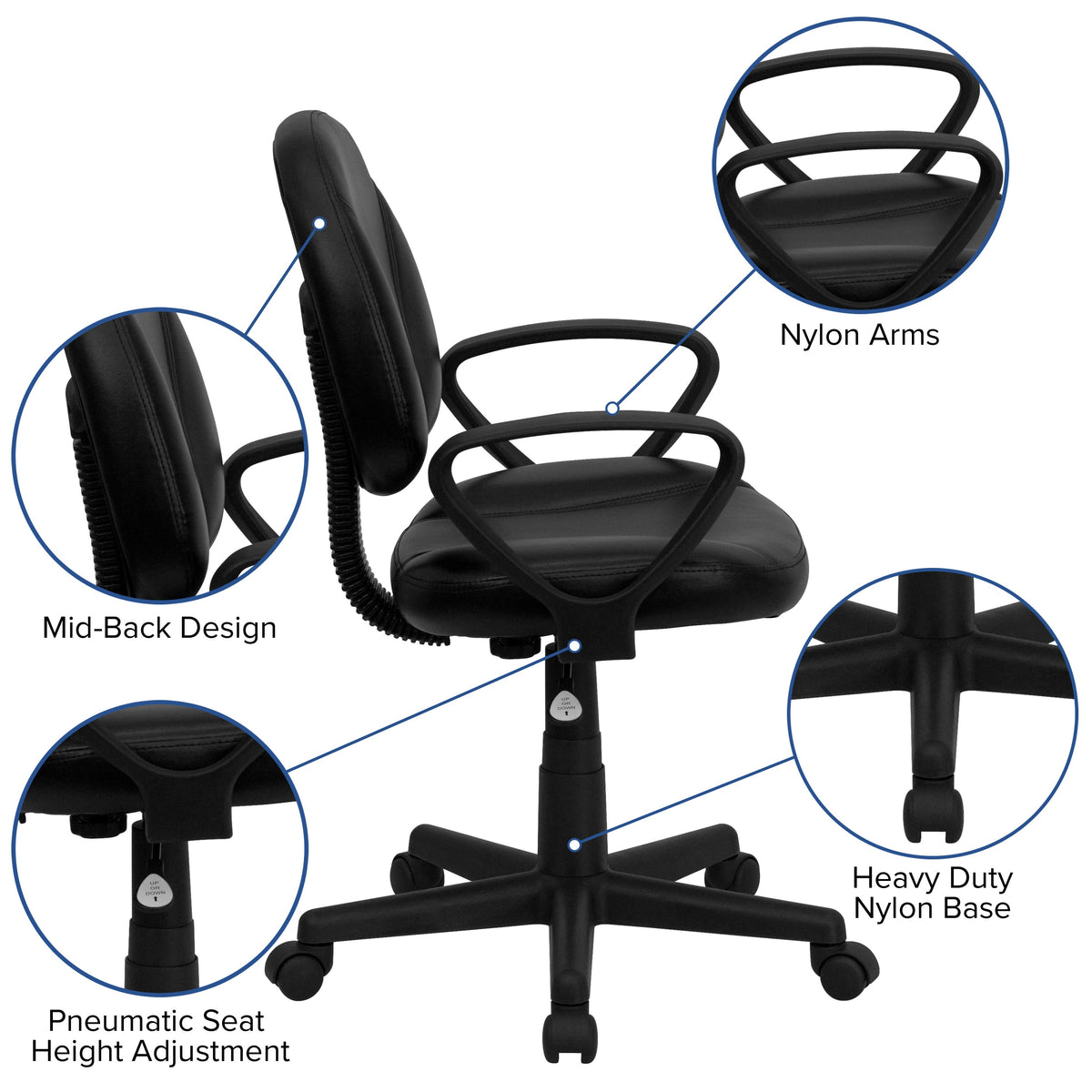 Mid-Back Black LeatherSoft Swivel Ergonomic Task Office Adjustable Chair w/ Arms
