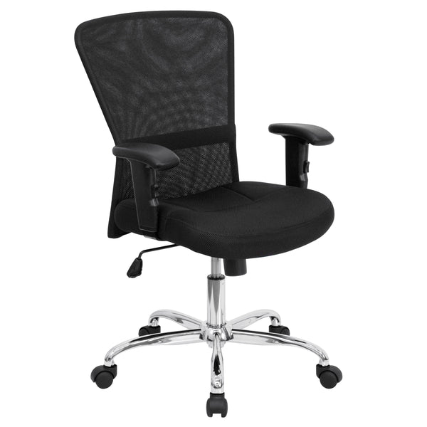 Mid-Back Black Mesh Contemporary Swivel Task Office Chair w/ Chrome Base & Arms