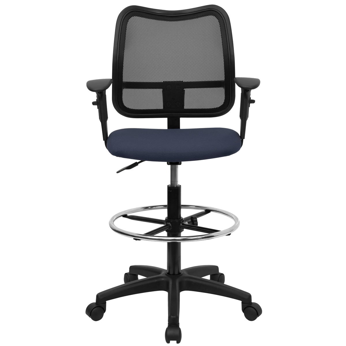 Navy Blue |#| Mid-Back Navy Blue Mesh Drafting Chair with Adjustable Arms