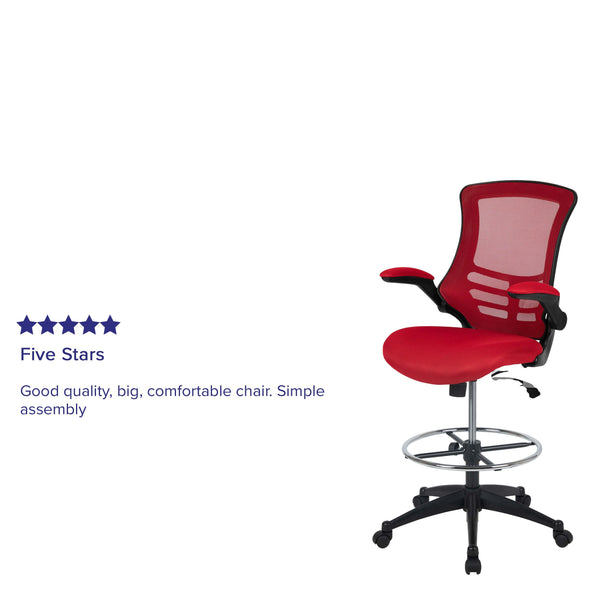 Red Mesh/Black Frame |#| Mid-Back Red Mesh Ergonomic Drafting Chair with Foot Ring and Flip-Up Arms