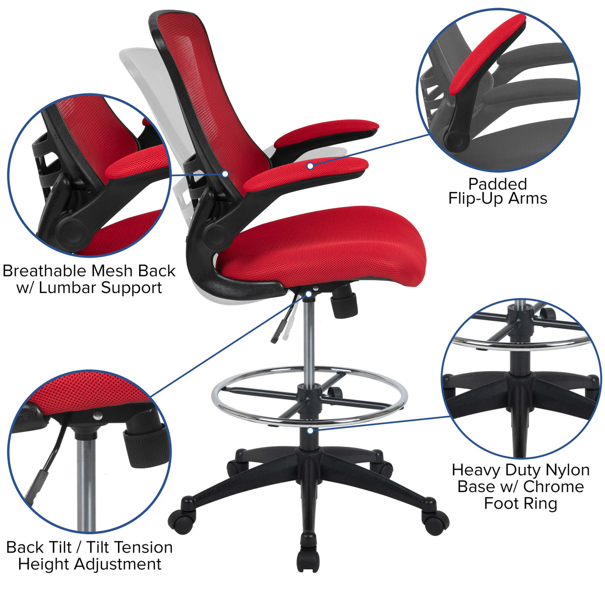 Red Mesh/Black Frame |#| Mid-Back Red Mesh Ergonomic Drafting Chair with Foot Ring and Flip-Up Arms