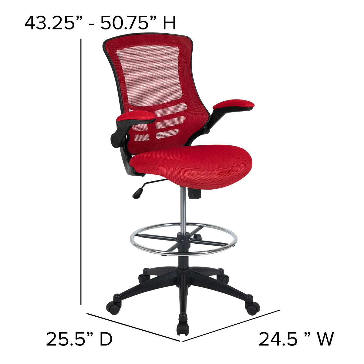 Red Mesh/Black Frame |#| Mid-Back Red Mesh Ergonomic Drafting Chair with Foot Ring and Flip-Up Arms