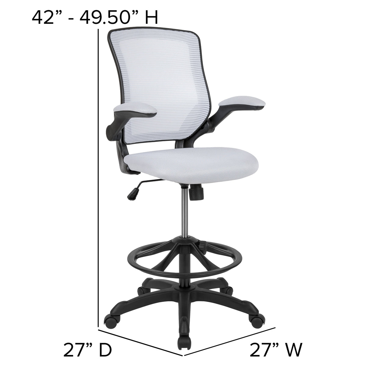 White |#| Mid-Back White Mesh Ergonomic Drafting Chair with Foot Ring and Flip-Up Arms
