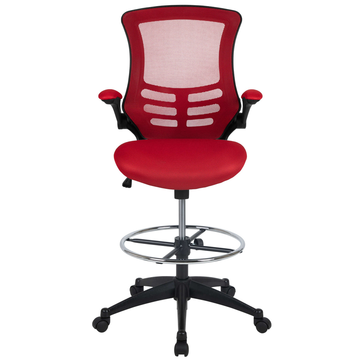 Red Mesh/Black Frame |#| Mid-Back Red Mesh Ergonomic Drafting Chair with Foot Ring and Flip-Up Arms