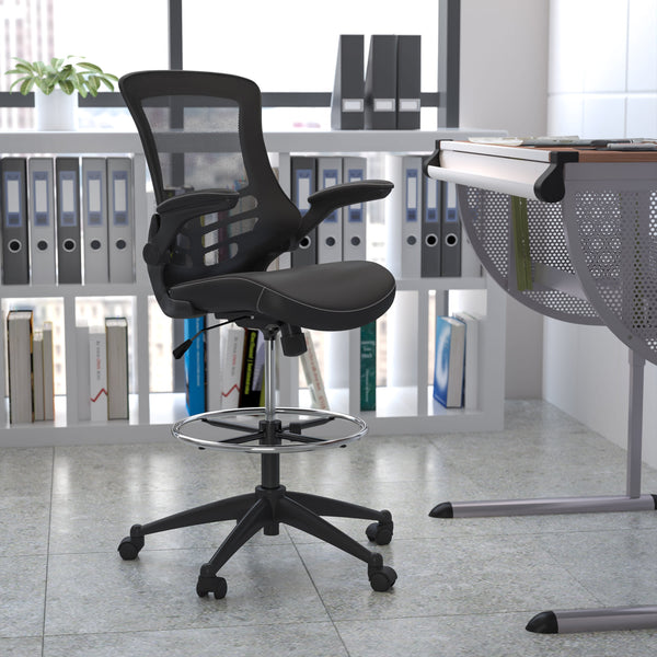 Black Mesh & LeatherSoft/Black Frame |#| Mid-Back Black Mesh Ergonomic Drafting Chair with Foot Ring and Flip-Up Arms