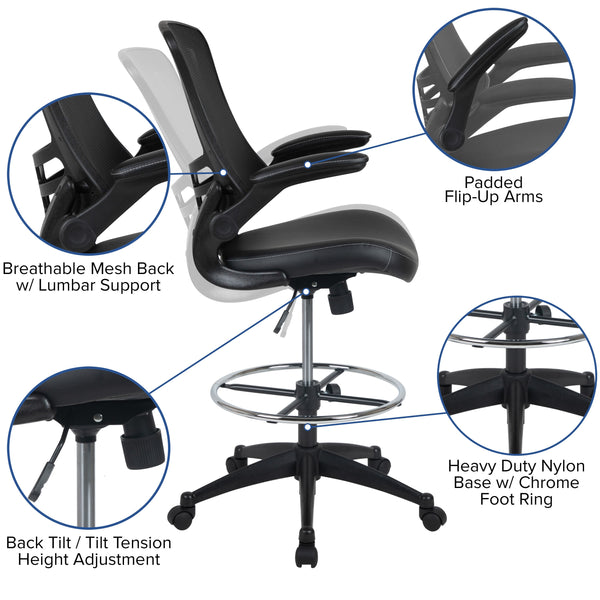 Black Mesh & LeatherSoft/Black Frame |#| Mid-Back Black Mesh Ergonomic Drafting Chair with Foot Ring and Flip-Up Arms