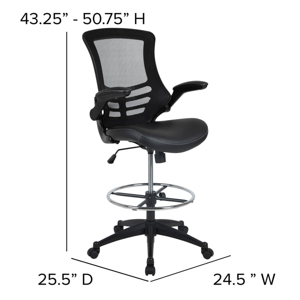 Black Mesh & LeatherSoft/Black Frame |#| Mid-Back Black Mesh Ergonomic Drafting Chair with Foot Ring and Flip-Up Arms