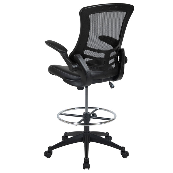 Black Mesh & LeatherSoft/Black Frame |#| Mid-Back Black Mesh Ergonomic Drafting Chair with Foot Ring and Flip-Up Arms