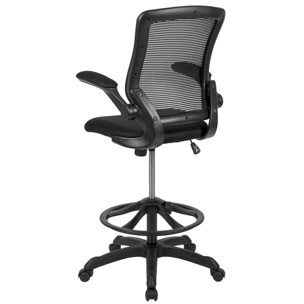 Black |#| Mid-Back Black Mesh Ergonomic Drafting Chair with Foot Ring and Flip-Up Arms