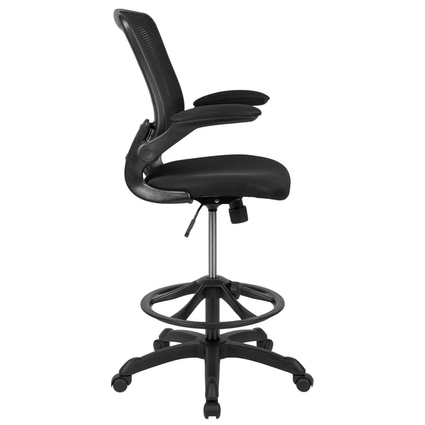 Black |#| Mid-Back Black Mesh Ergonomic Drafting Chair with Foot Ring and Flip-Up Arms