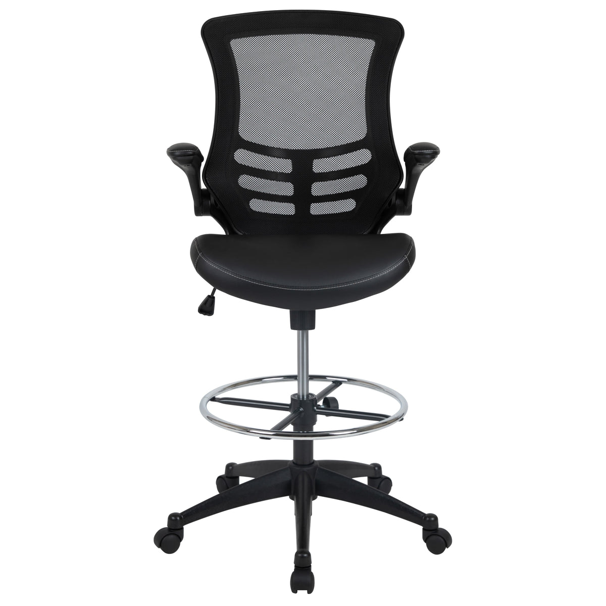 Black Mesh & LeatherSoft/Black Frame |#| Mid-Back Black Mesh Ergonomic Drafting Chair with Foot Ring and Flip-Up Arms