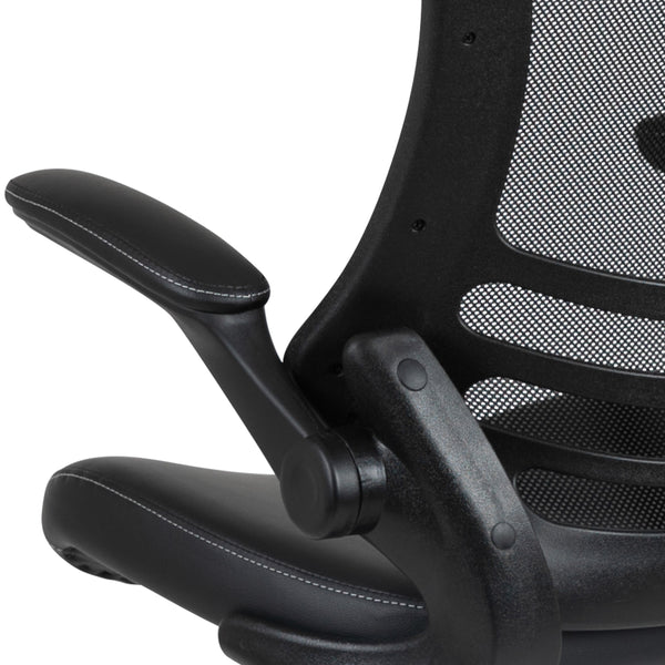 Black Mesh & LeatherSoft/Black Frame |#| Mid-Back Black Mesh Ergonomic Drafting Chair with Foot Ring and Flip-Up Arms