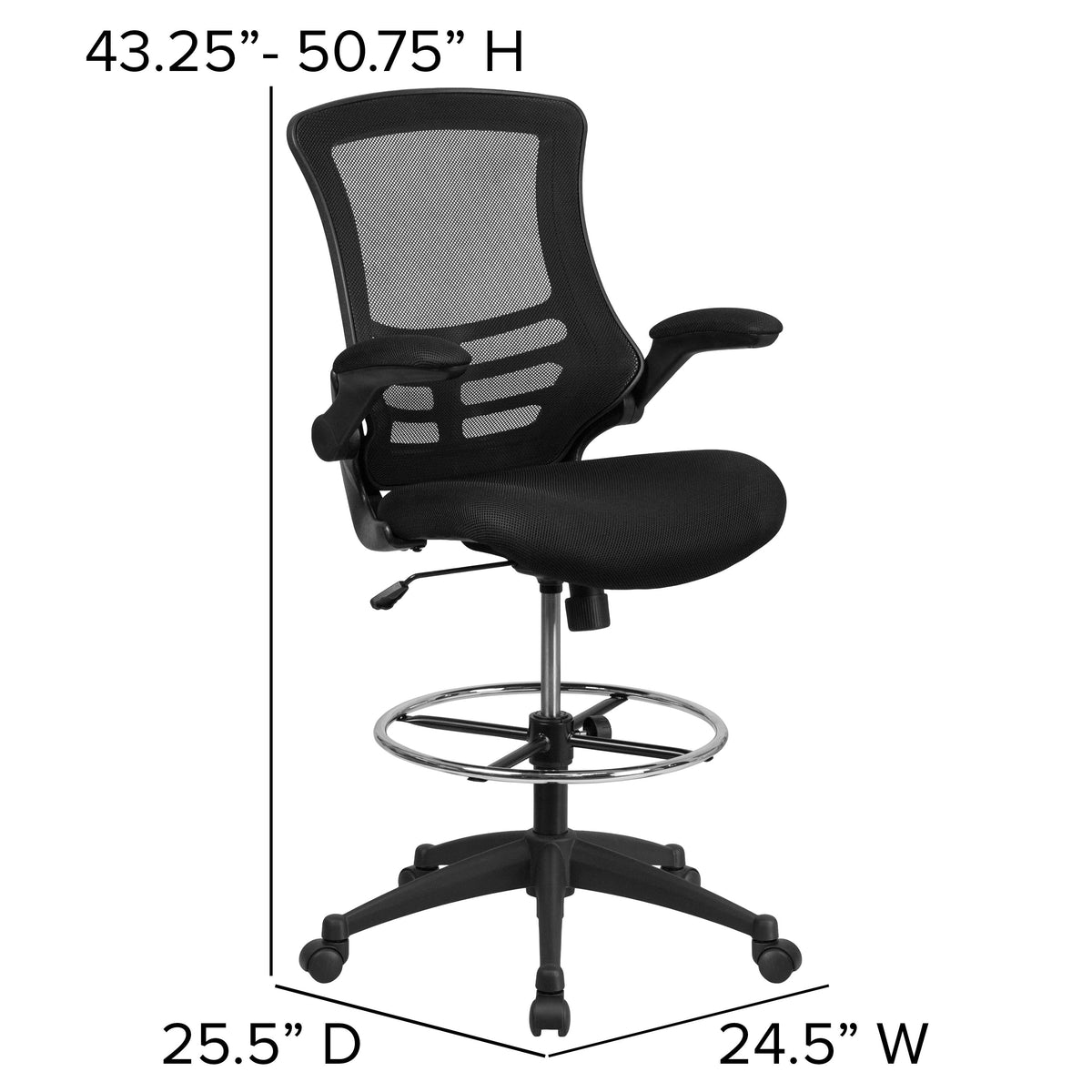 Black Mesh/Black Frame |#| Mid-Back Black Mesh Ergonomic Chair with Adjustable Foot Ring and Flip-Up Arms