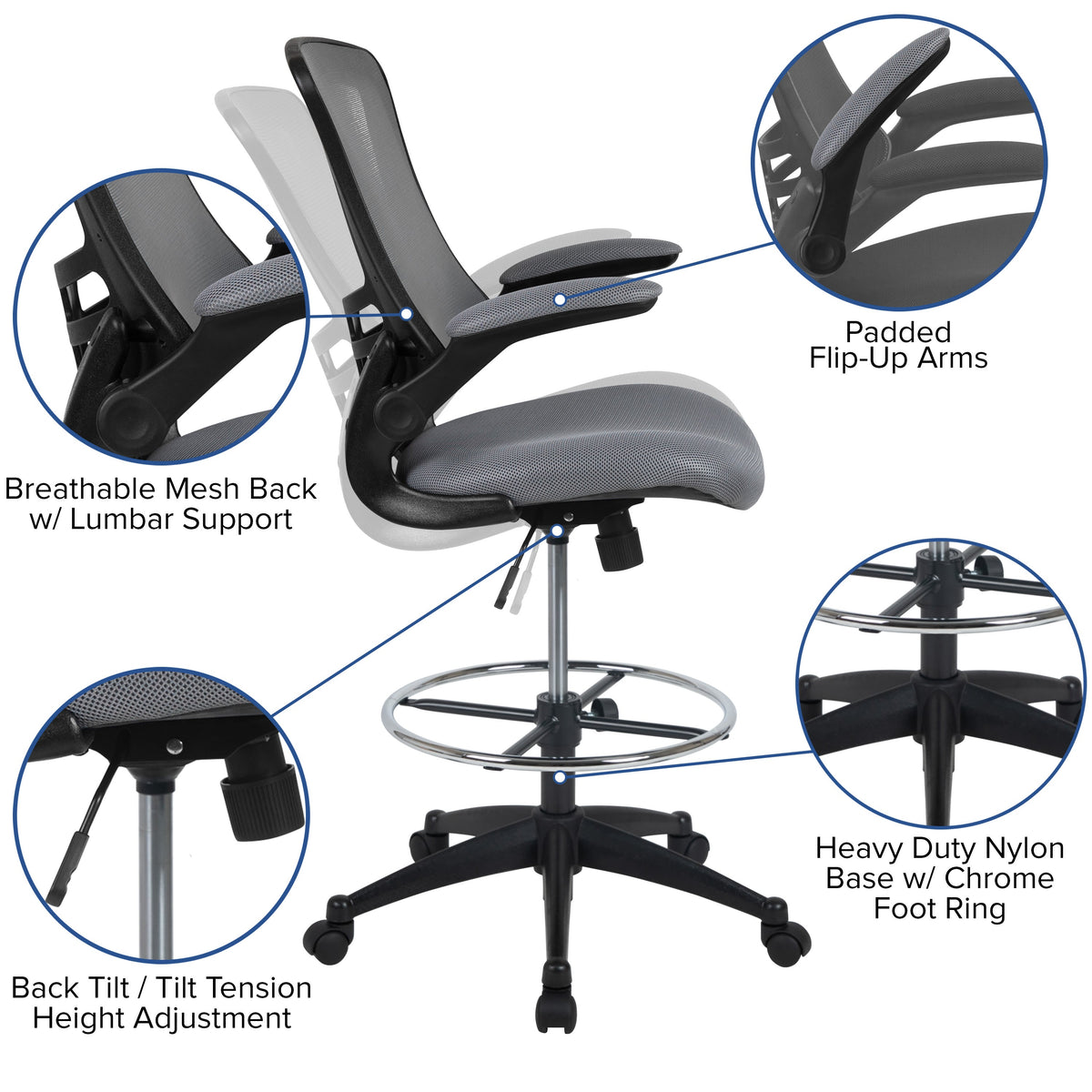 Dark Gray Mesh/Black Frame |#| Mid-Back Dark Gray Mesh Ergonomic Drafting Chair with Foot Ring and Flip-Up Arms