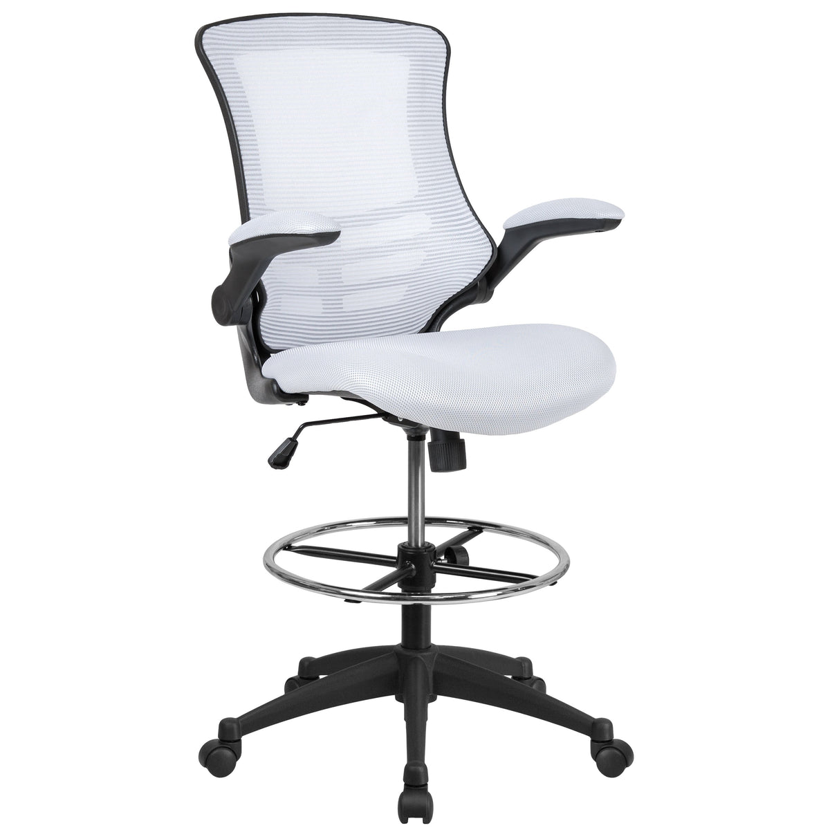 White Mesh/Black Frame |#| Mid-Back White Mesh Ergonomic Drafting Chair with Foot Ring and Flip-Up Arms