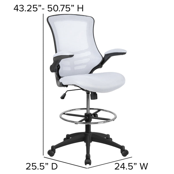 White Mesh/Black Frame |#| Mid-Back White Mesh Ergonomic Drafting Chair with Foot Ring and Flip-Up Arms