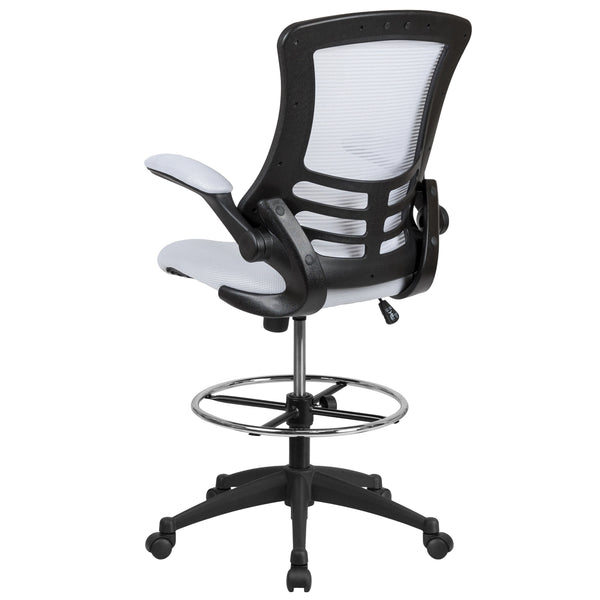 White Mesh/Black Frame |#| Mid-Back White Mesh Ergonomic Drafting Chair with Foot Ring and Flip-Up Arms