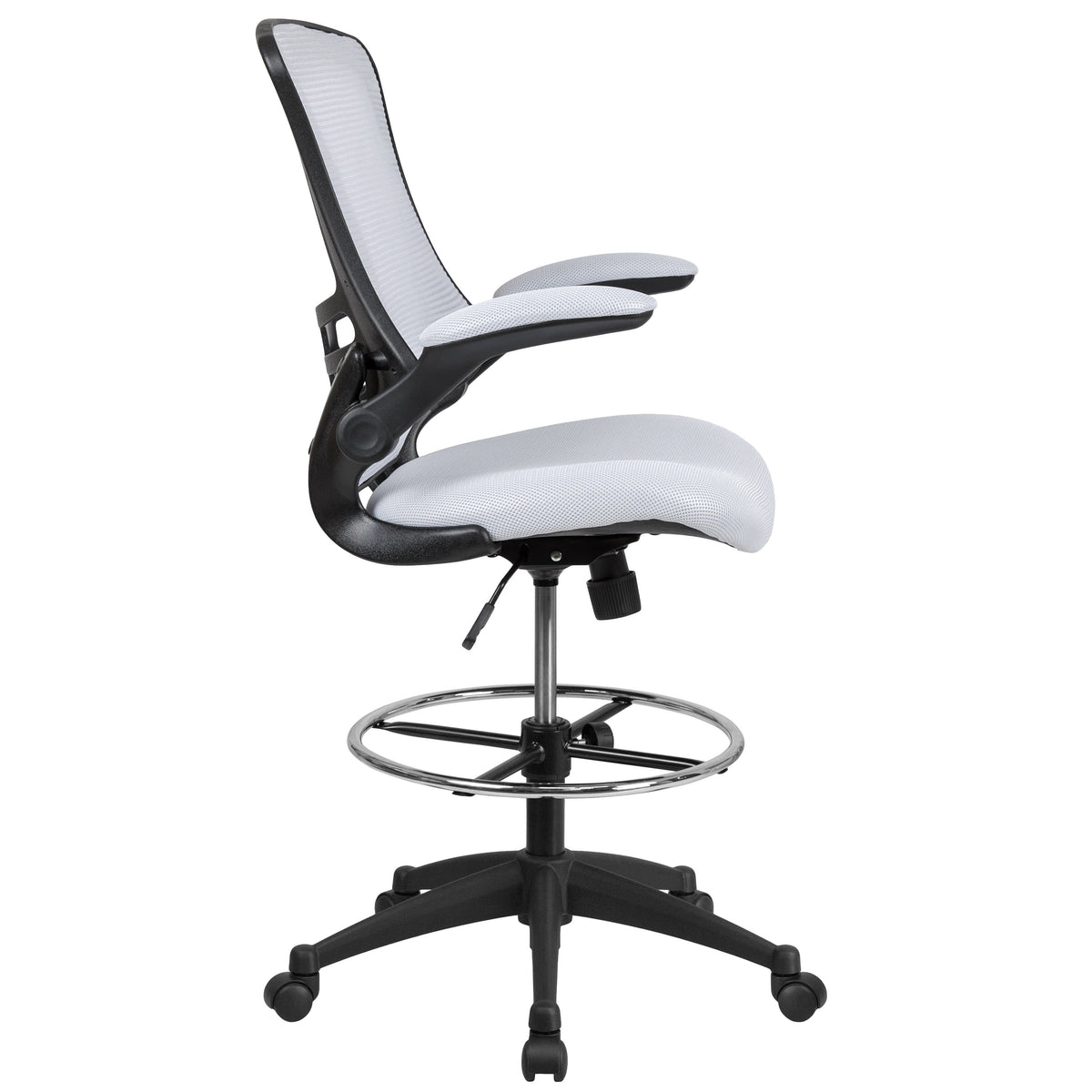 White Mesh/Black Frame |#| Mid-Back White Mesh Ergonomic Drafting Chair with Foot Ring and Flip-Up Arms