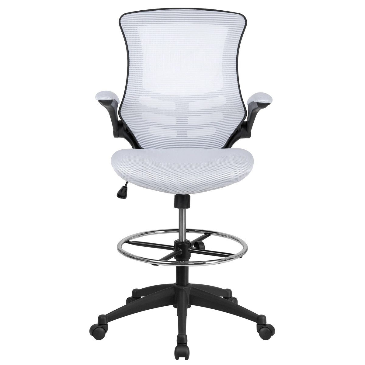 White Mesh/Black Frame |#| Mid-Back White Mesh Ergonomic Drafting Chair with Foot Ring and Flip-Up Arms