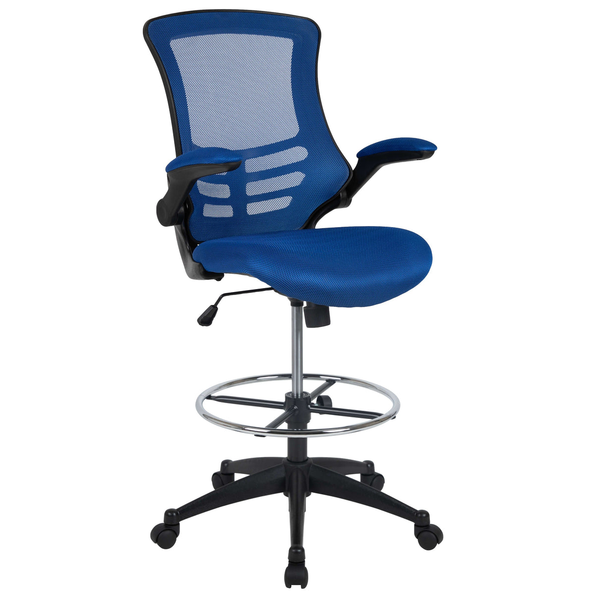 Blue Mesh/Black Frame |#| Mid-Back Blue Mesh Ergonomic Drafting Chair with Foot Ring and Flip-Up Arms