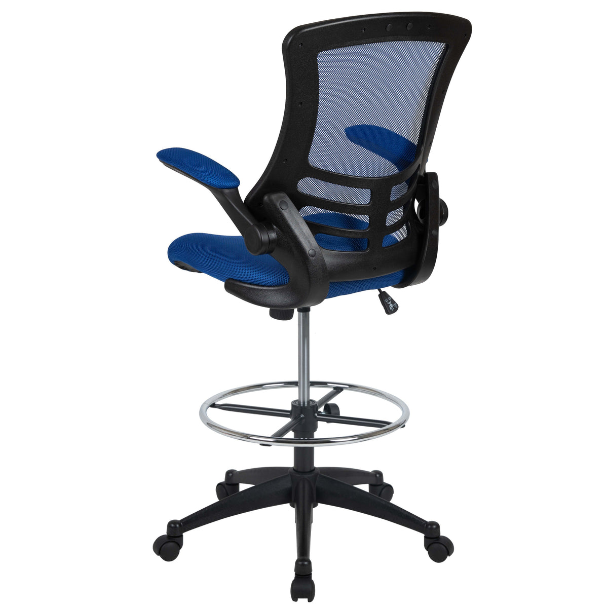 Blue Mesh/Black Frame |#| Mid-Back Blue Mesh Ergonomic Drafting Chair with Foot Ring and Flip-Up Arms