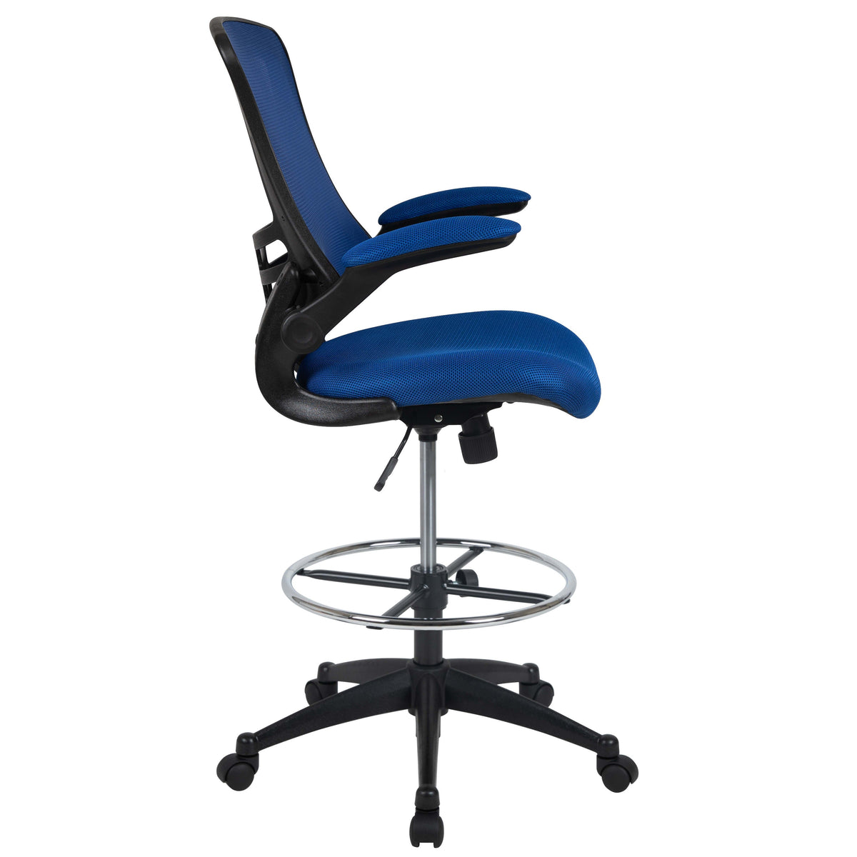 Blue Mesh/Black Frame |#| Mid-Back Blue Mesh Ergonomic Drafting Chair with Foot Ring and Flip-Up Arms