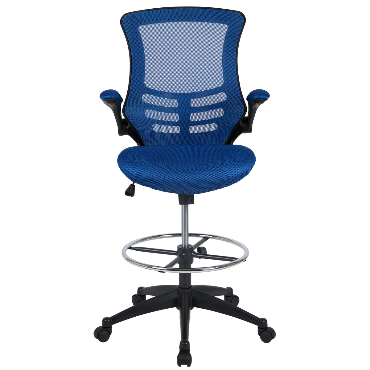 Blue Mesh/Black Frame |#| Mid-Back Blue Mesh Ergonomic Drafting Chair with Foot Ring and Flip-Up Arms