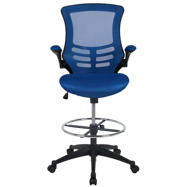 Blue Mesh/Black Frame |#| Mid-Back Blue Mesh Ergonomic Drafting Chair with Foot Ring and Flip-Up Arms