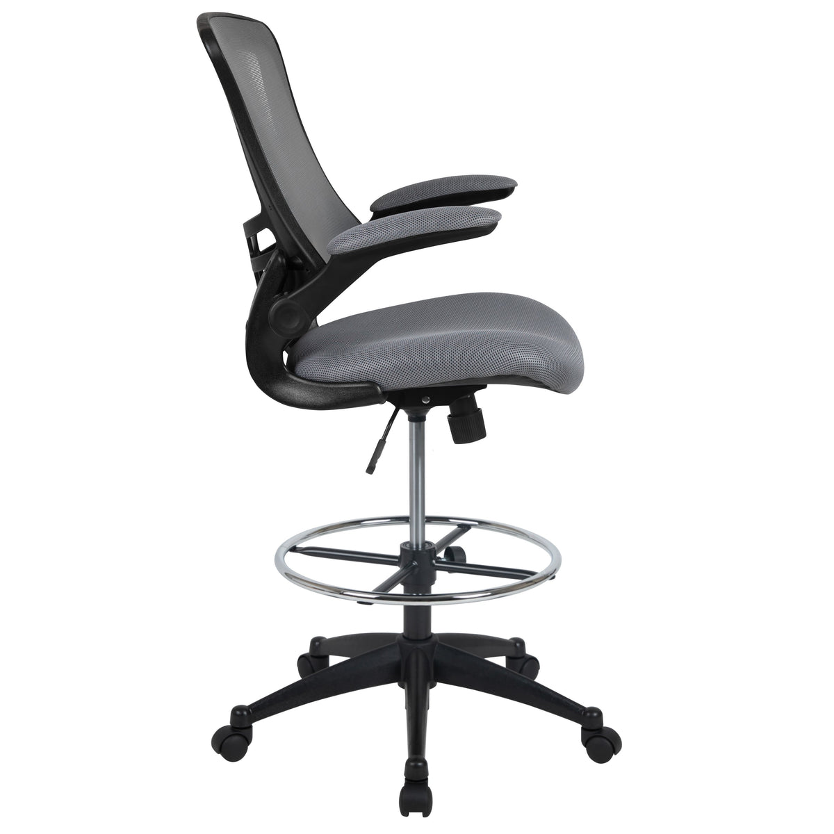 Dark Gray Mesh/Black Frame |#| Mid-Back Dark Gray Mesh Ergonomic Drafting Chair with Foot Ring and Flip-Up Arms