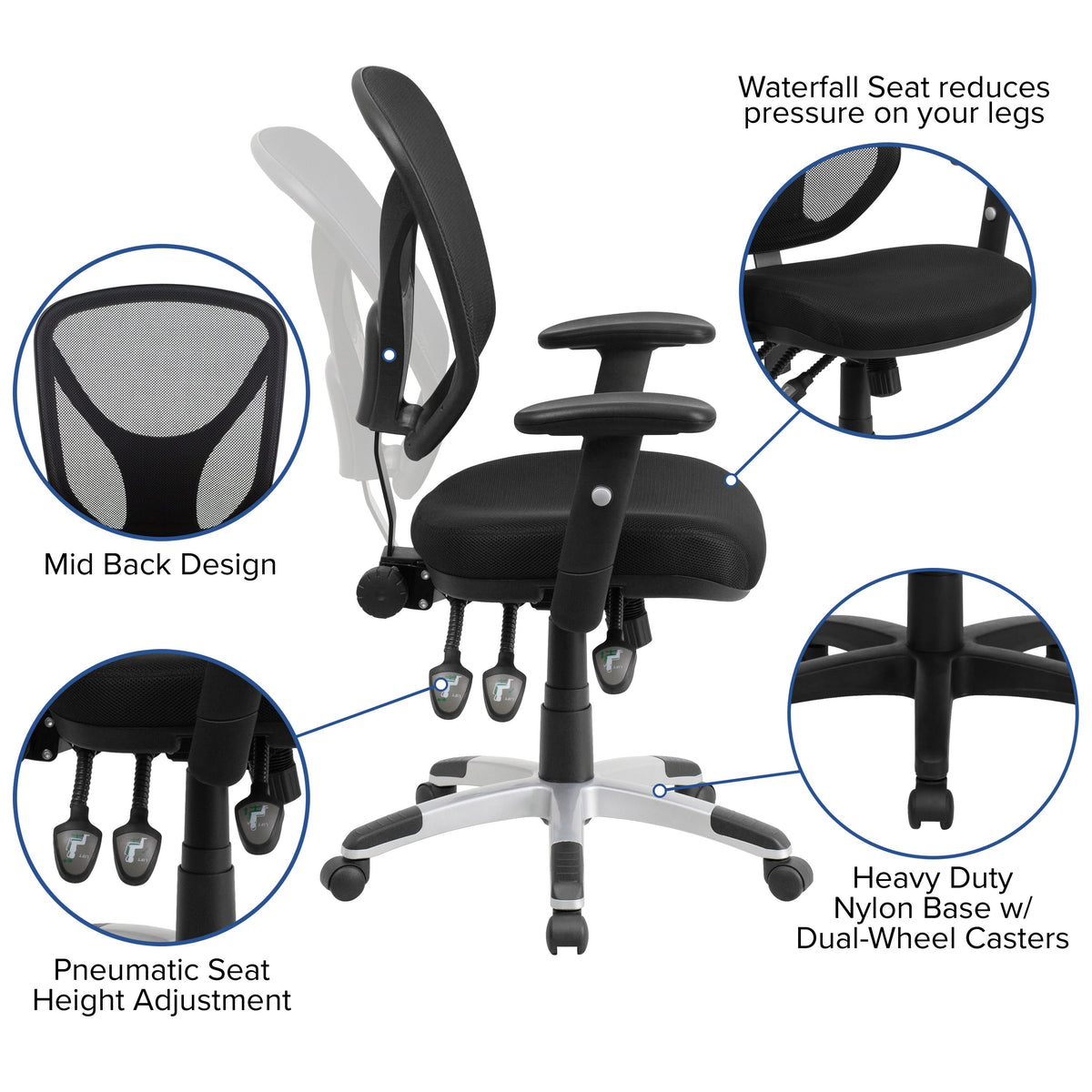 Mid-Back Black Mesh Multifunction Swivel Task Office Chair with Adjustable Arms