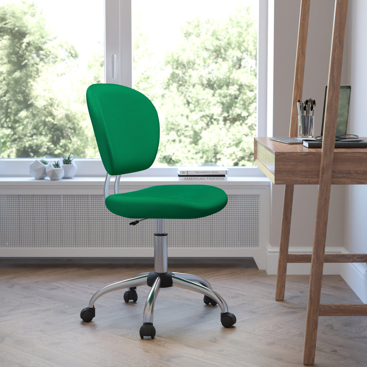 Bright Green |#| Mid-Back Bright Green Mesh Padded Swivel Task Office Chair with Chrome Base